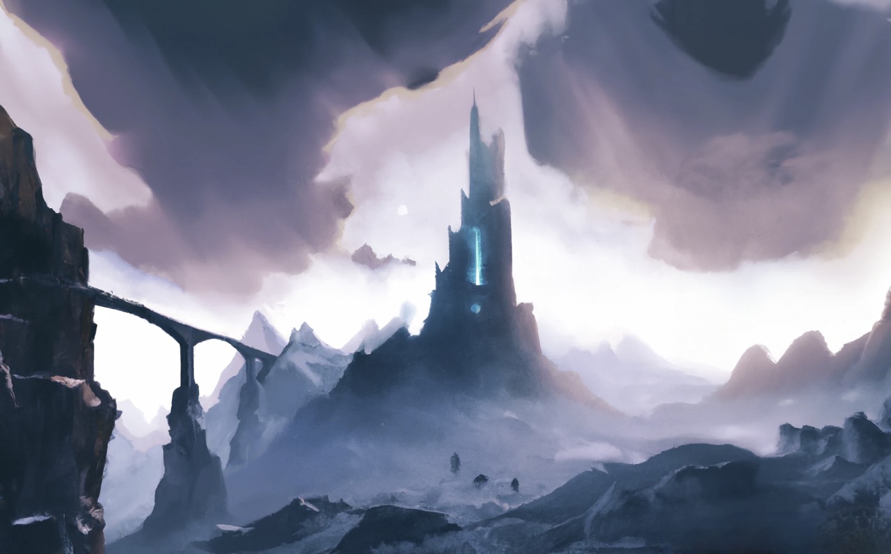 A snowy mountainous scene with a tall, spikey peak reaching into the clouds that has a beacon glowing bright blue in its core
