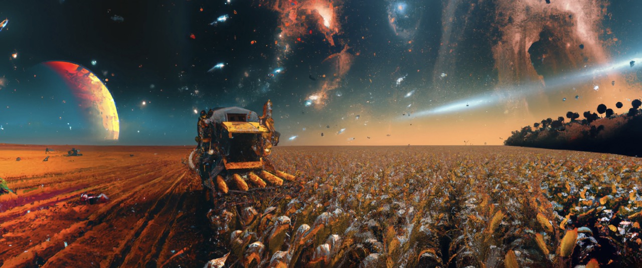 An endless cornfield with a harvesting machine, and a colorful starry sky above